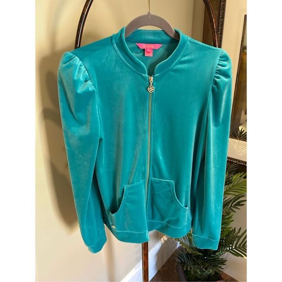 LILLY PULITZER Teal Velour Zip Up Jacket S - Picture 5 of 10